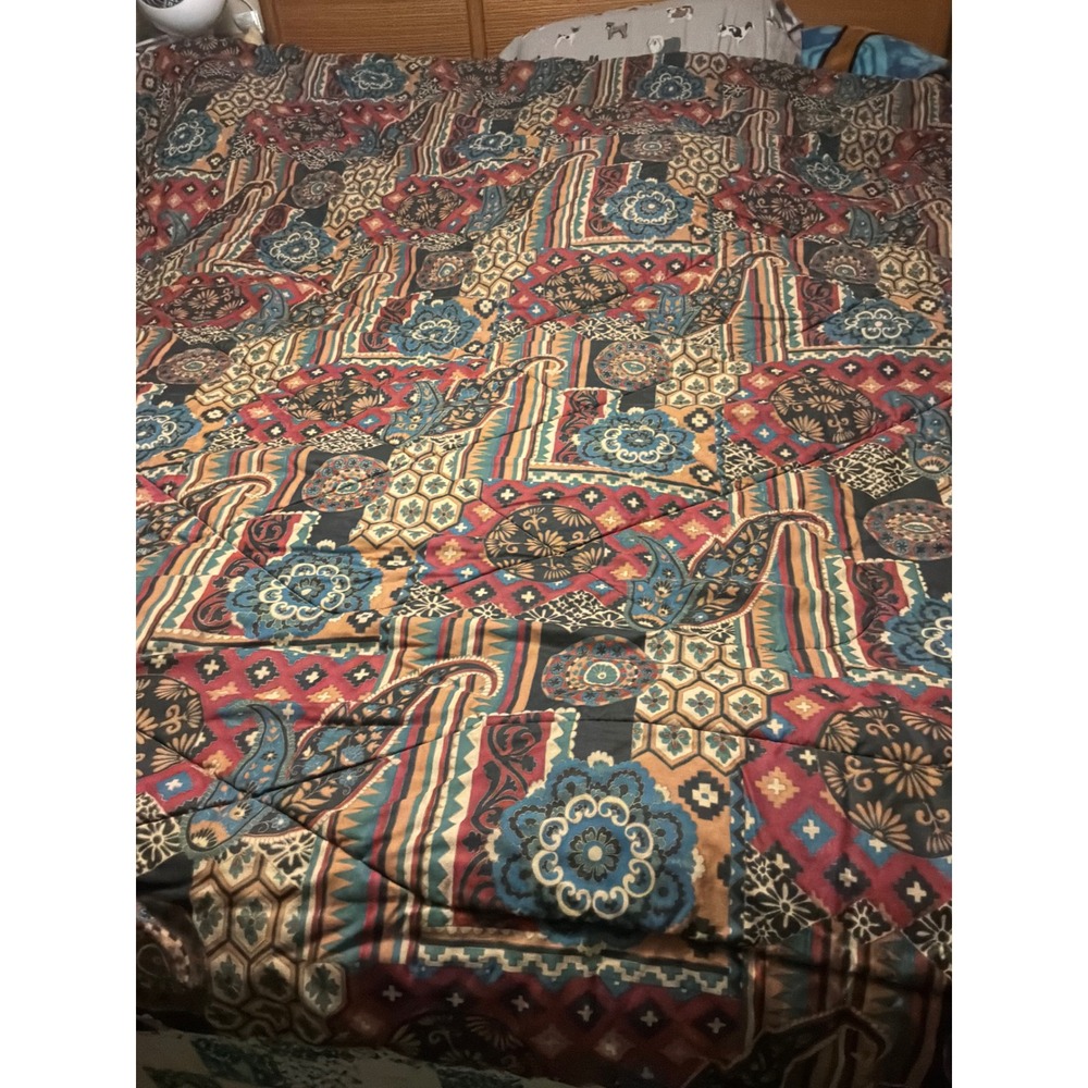 Vtg Bohemian‎ Patchwork Quilted Comforter Paisley Floral Multi Color Full Queen
